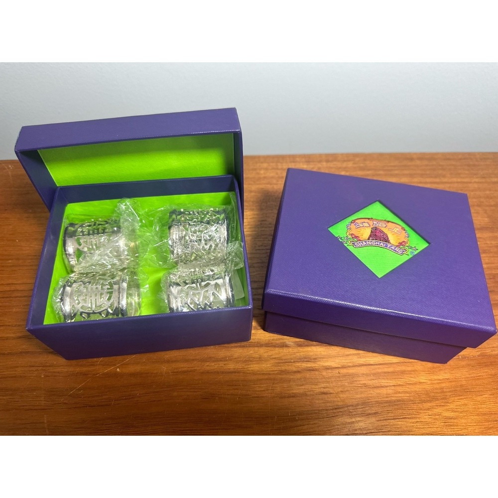 ICONIC SHANGHAI TANG SET OF 8 SILVERPLATED NAPKIN RINGS WITH CHINESE MOTIFFS - Picture 2 of 3